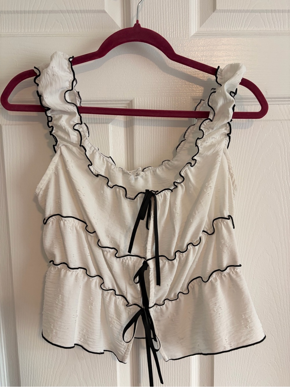 Women’s White Ruffle Crop Top with Black Contrast